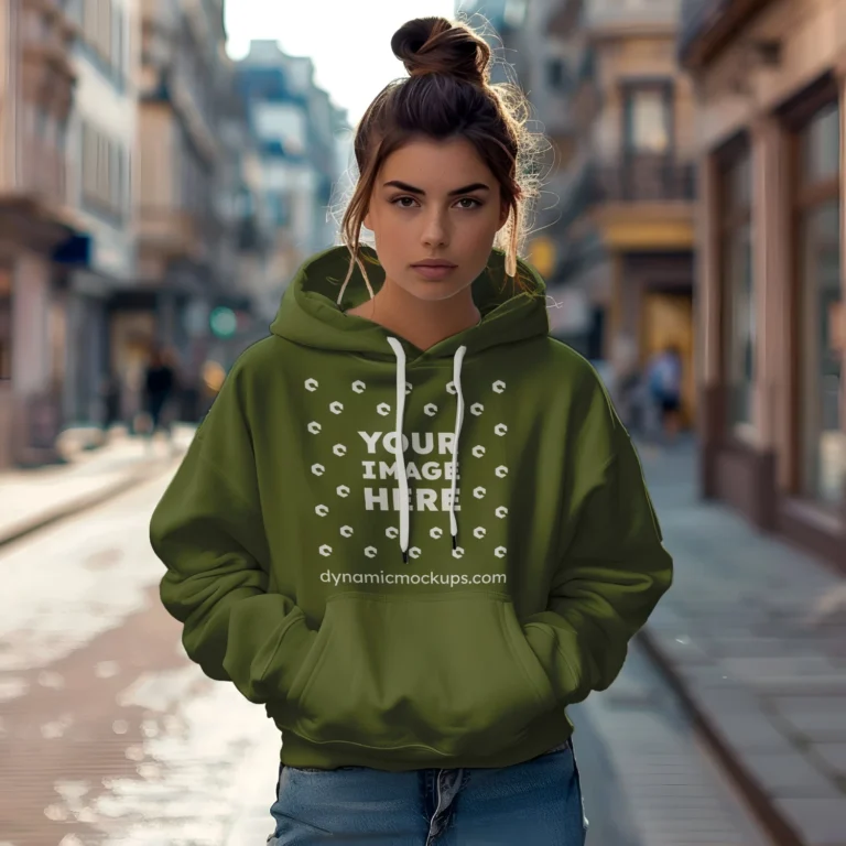 Woman Wearing Olive Green Hoodie Mockup Front View Template