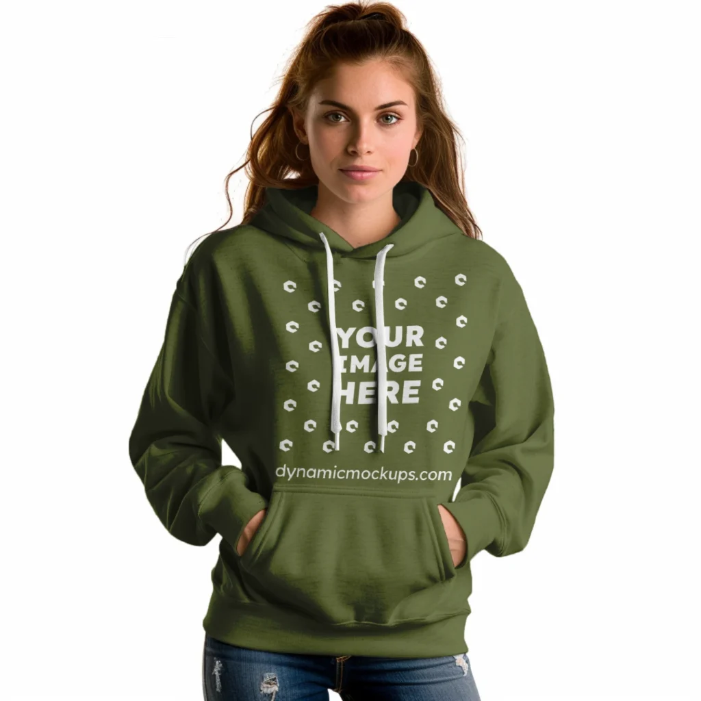 Woman Wearing Olive Green Hoodie Mockup Front View Template