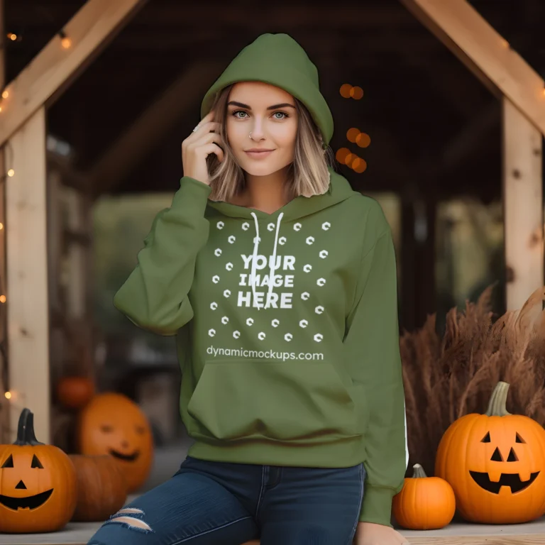 Woman Wearing Olive Green Hoodie Mockup Front View Template