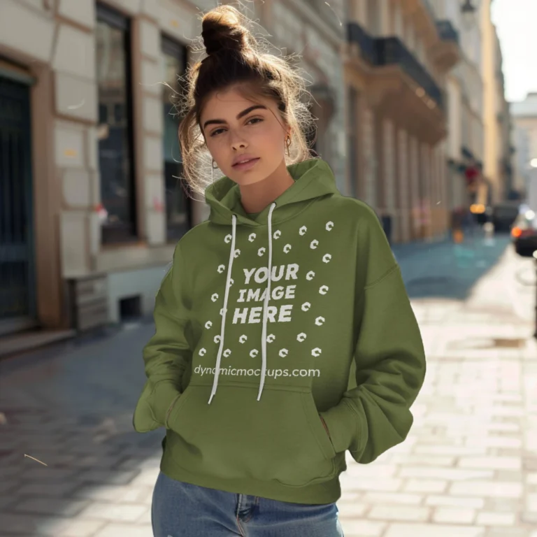 Woman Wearing Olive Green Hoodie Mockup Front View Template