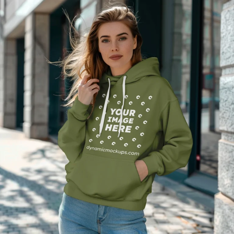 Woman Wearing Olive Green Hoodie Mockup Front View Template