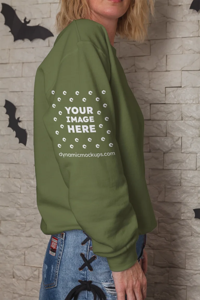 Woman Wearing Olive Green Hoodie Mockup Side View Template