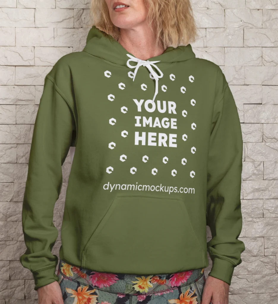 Woman Wearing Olive Green Hoodie Mockup Front View Template