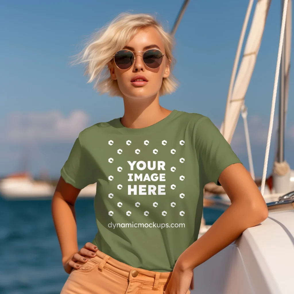 Woman Wearing Olive Green T-shirt Mockup Front View Template