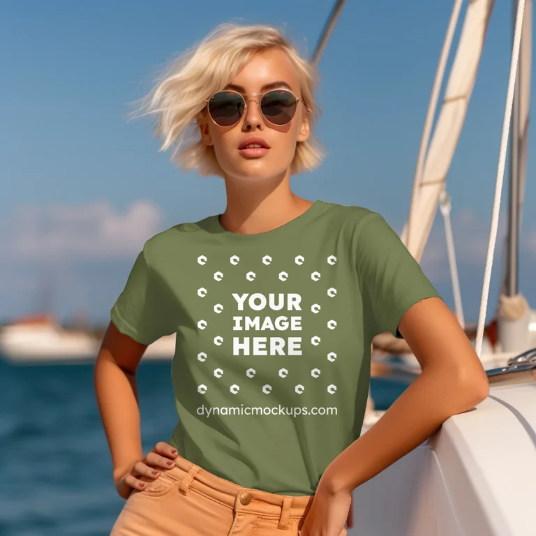 Woman Wearing Olive Green T-shirt Mockup Front View Template