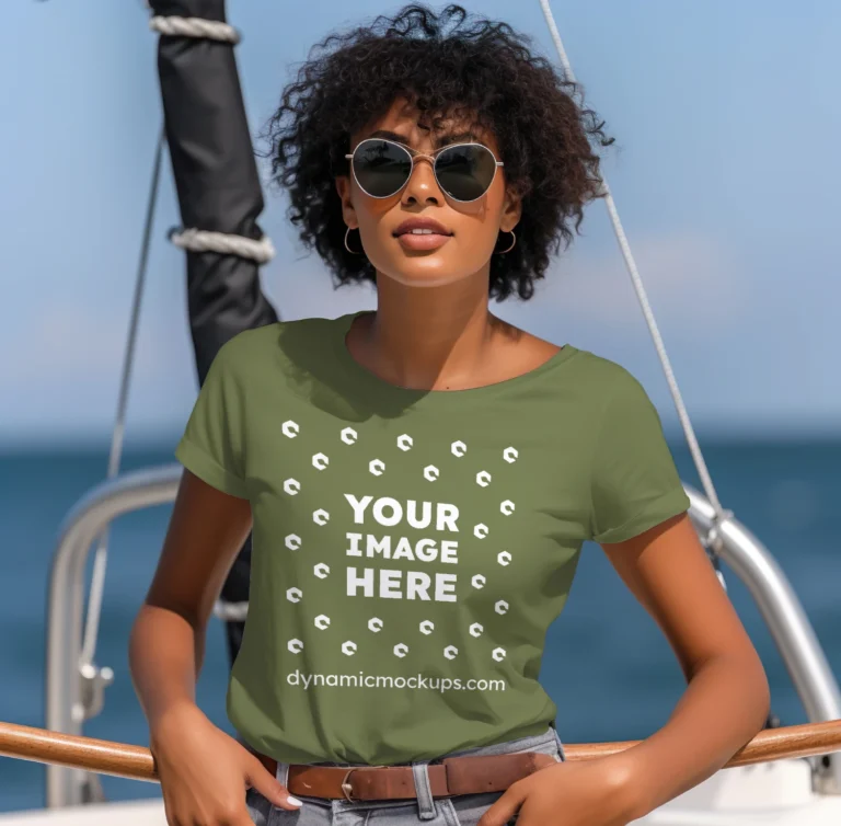 Woman Wearing Olive Green T-shirt Mockup Front View Template