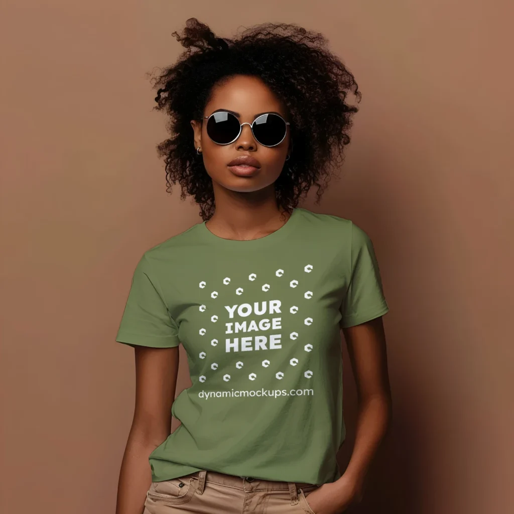 Woman Wearing Olive Green T-shirt Mockup Front View Template