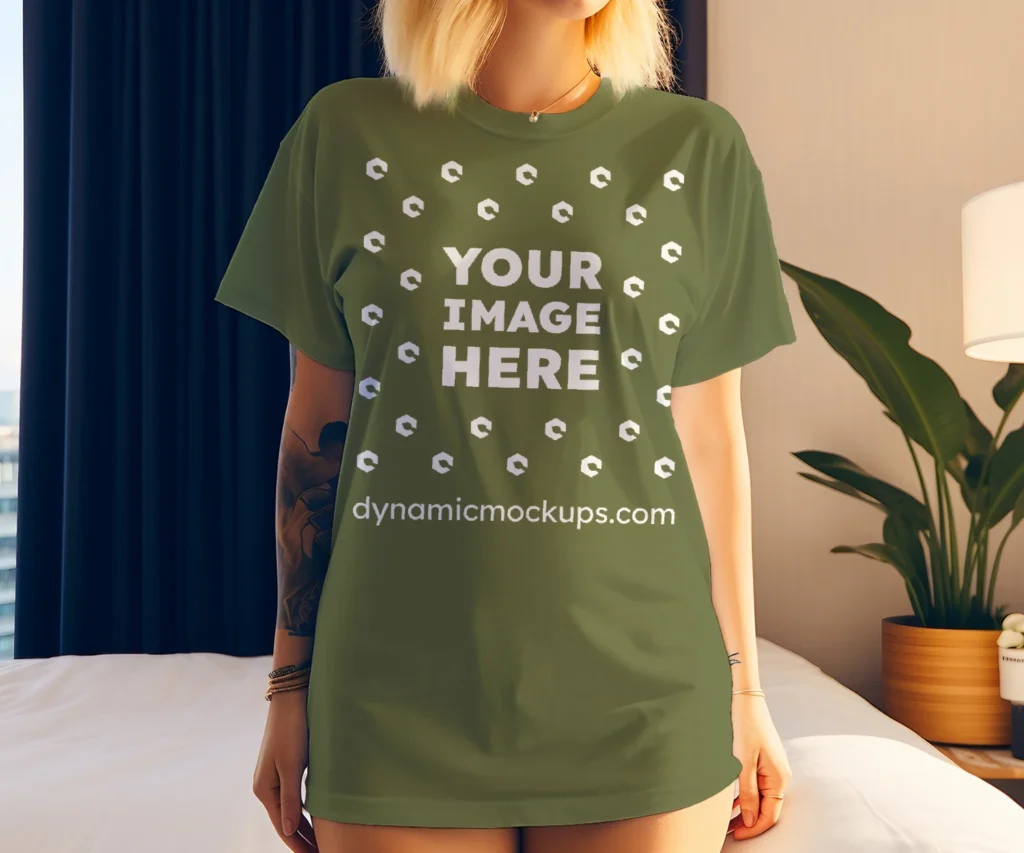 Woman Wearing Olive Green T-shirt Mockup Front View Template