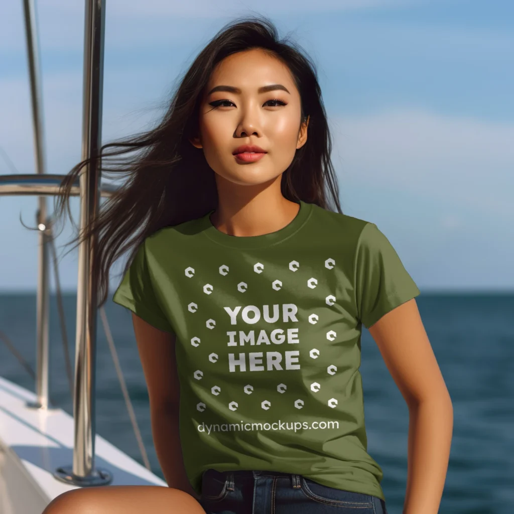 Woman Wearing Olive Green T-shirt Mockup Front View Template