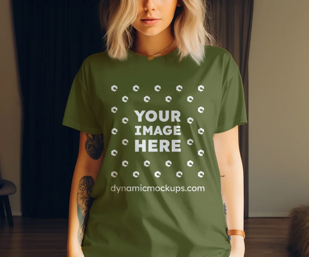 Woman Wearing Olive Green T-shirt Mockup Front View Template