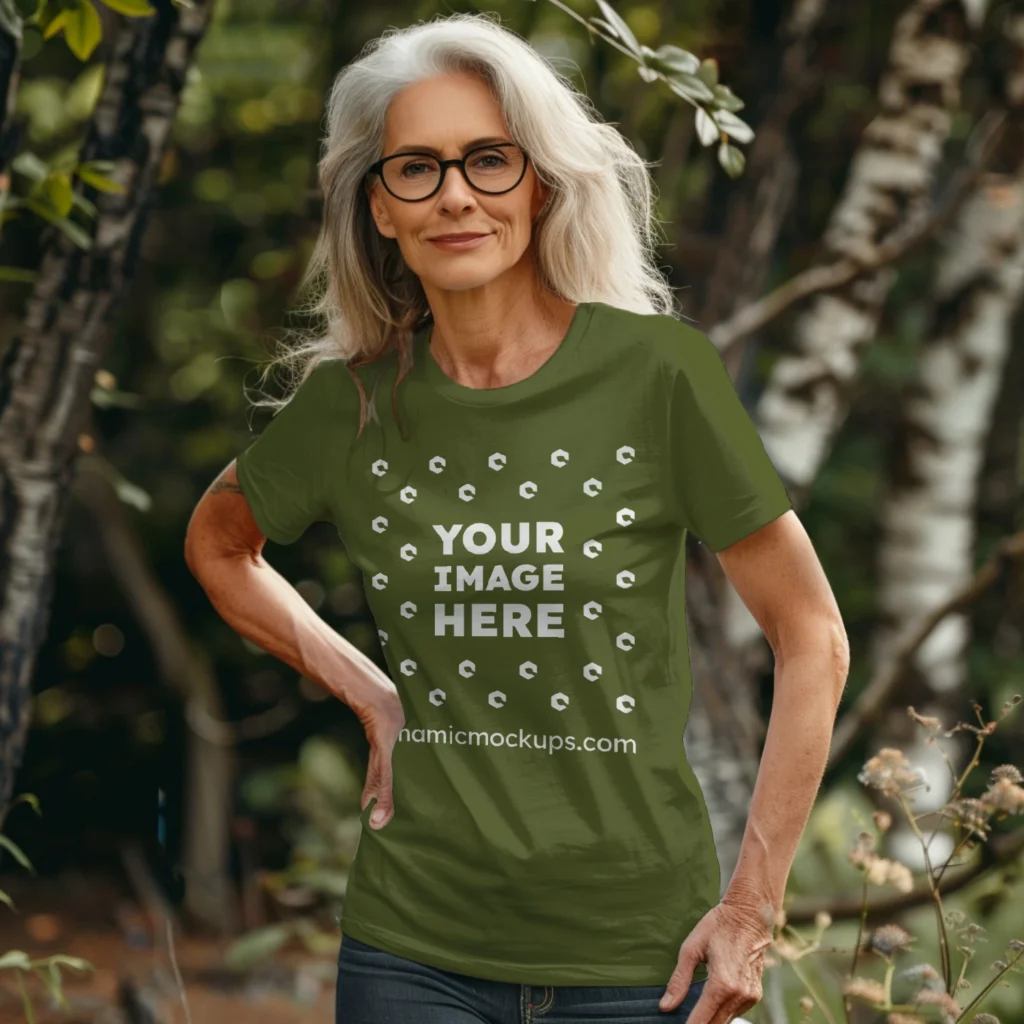 Woman Wearing Olive Green T-shirt Mockup Front View Template