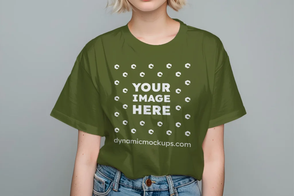 Woman Wearing Olive Green T-shirt Mockup Front View Template