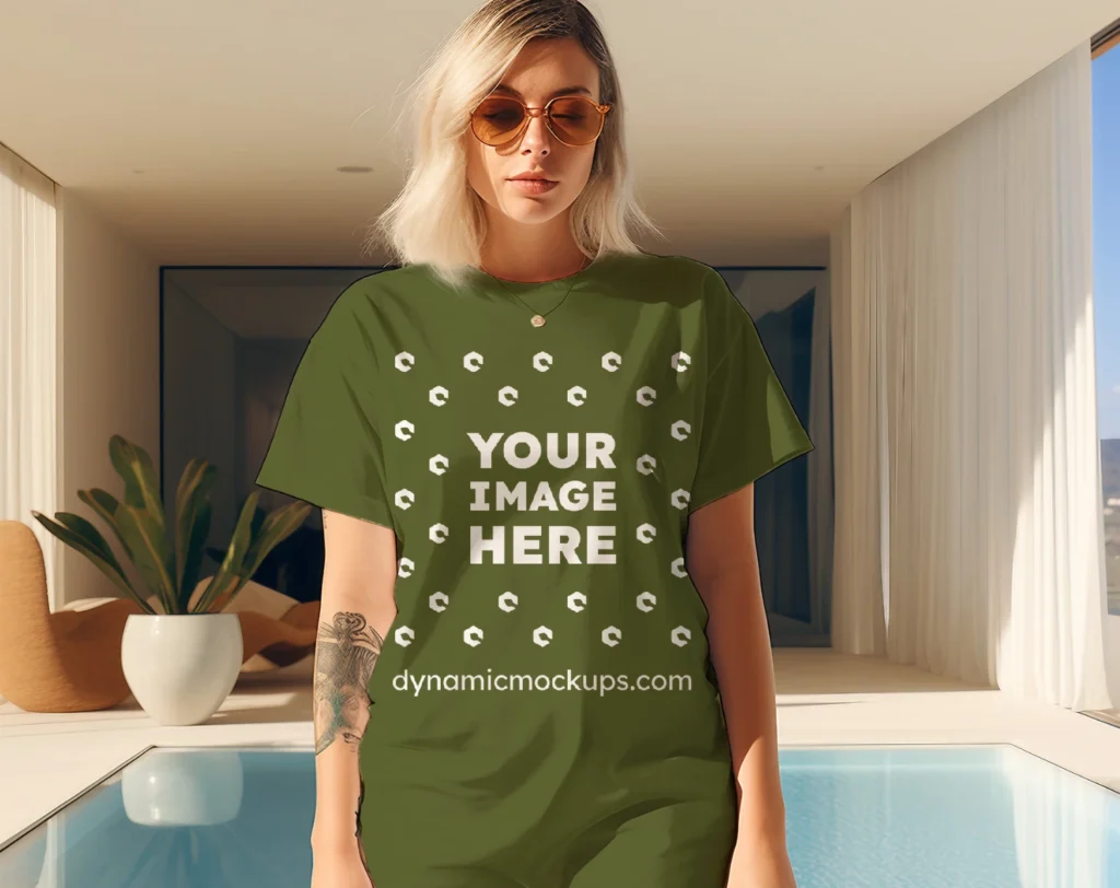 Woman Wearing Olive Green T-shirt Mockup Front View Template