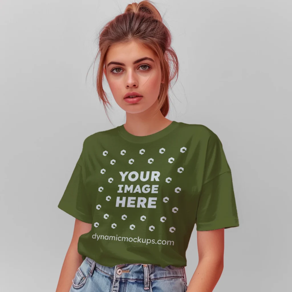 Woman Wearing Olive Green T-shirt Mockup Front View Template