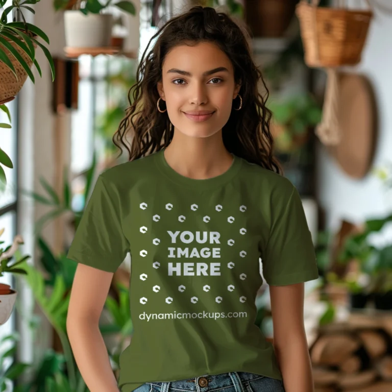 Woman Wearing Olive Green T-shirt Mockup Front View Template