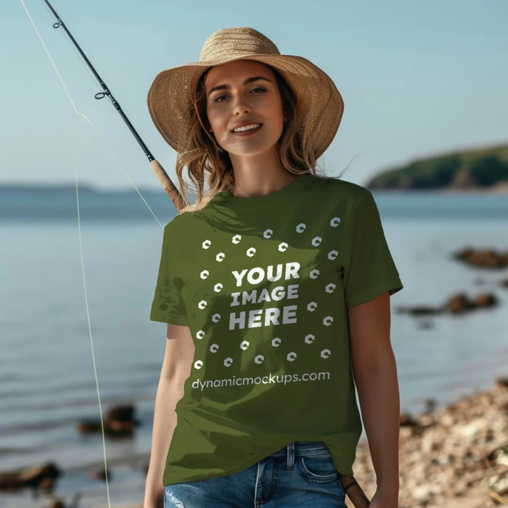 Woman Wearing Olive Green T-shirt Mockup Front View Template