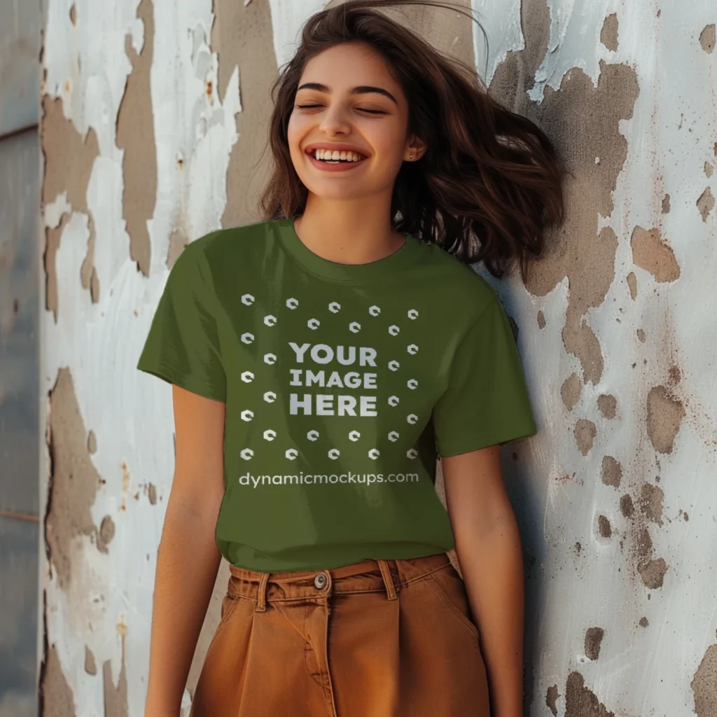 Woman Wearing Olive Green T-shirt Mockup Front View Template