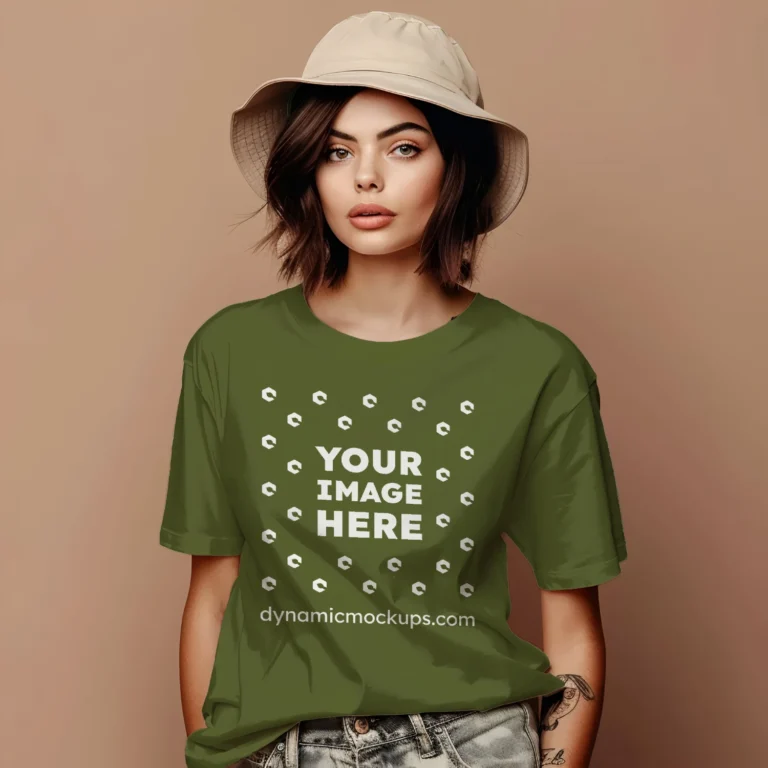 Woman Wearing Olive Green T-shirt Mockup Front View Template