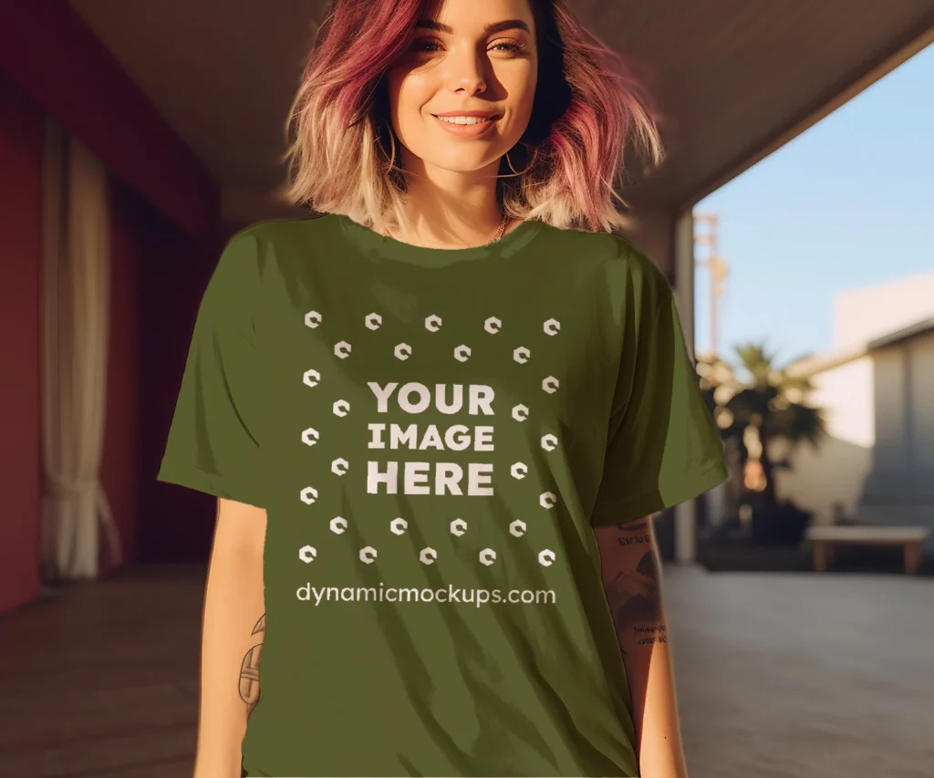 Woman Wearing Olive Green T-shirt Mockup Front View Template