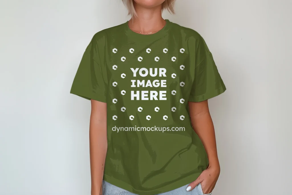 Woman Wearing Olive Green T-shirt Mockup Front View Template