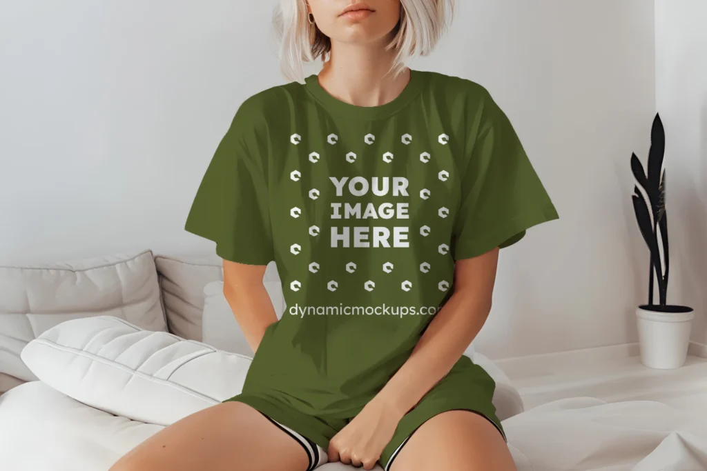 Woman Wearing Olive Green T-shirt Mockup Front View Template