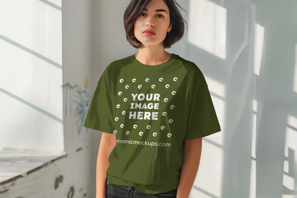 Woman Wearing Olive Green T-shirt Mockup Front View Template