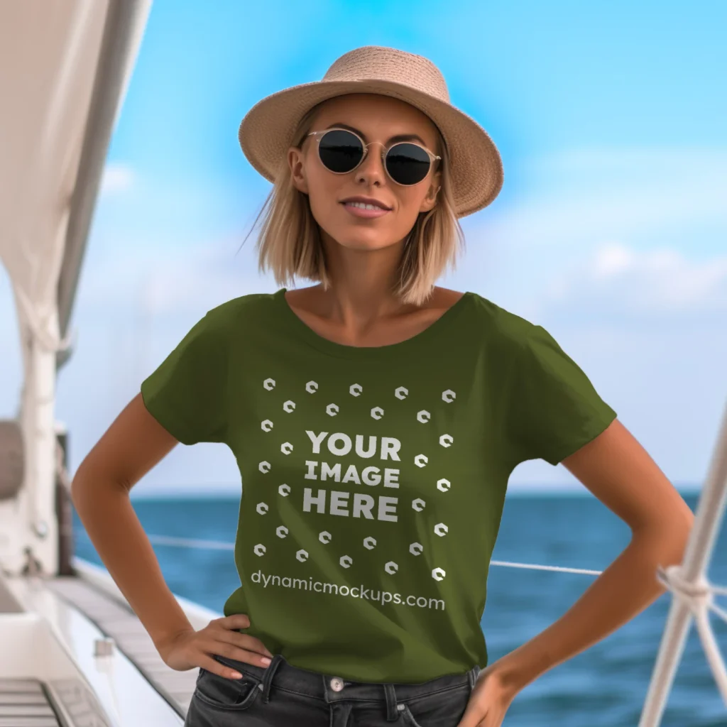 Woman Wearing Olive Green T-shirt Mockup Front View Template