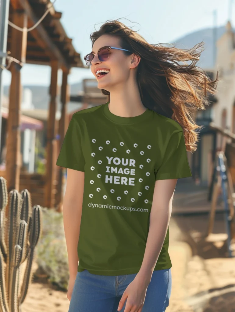 Woman Wearing Olive Green T-shirt Mockup Front View Template