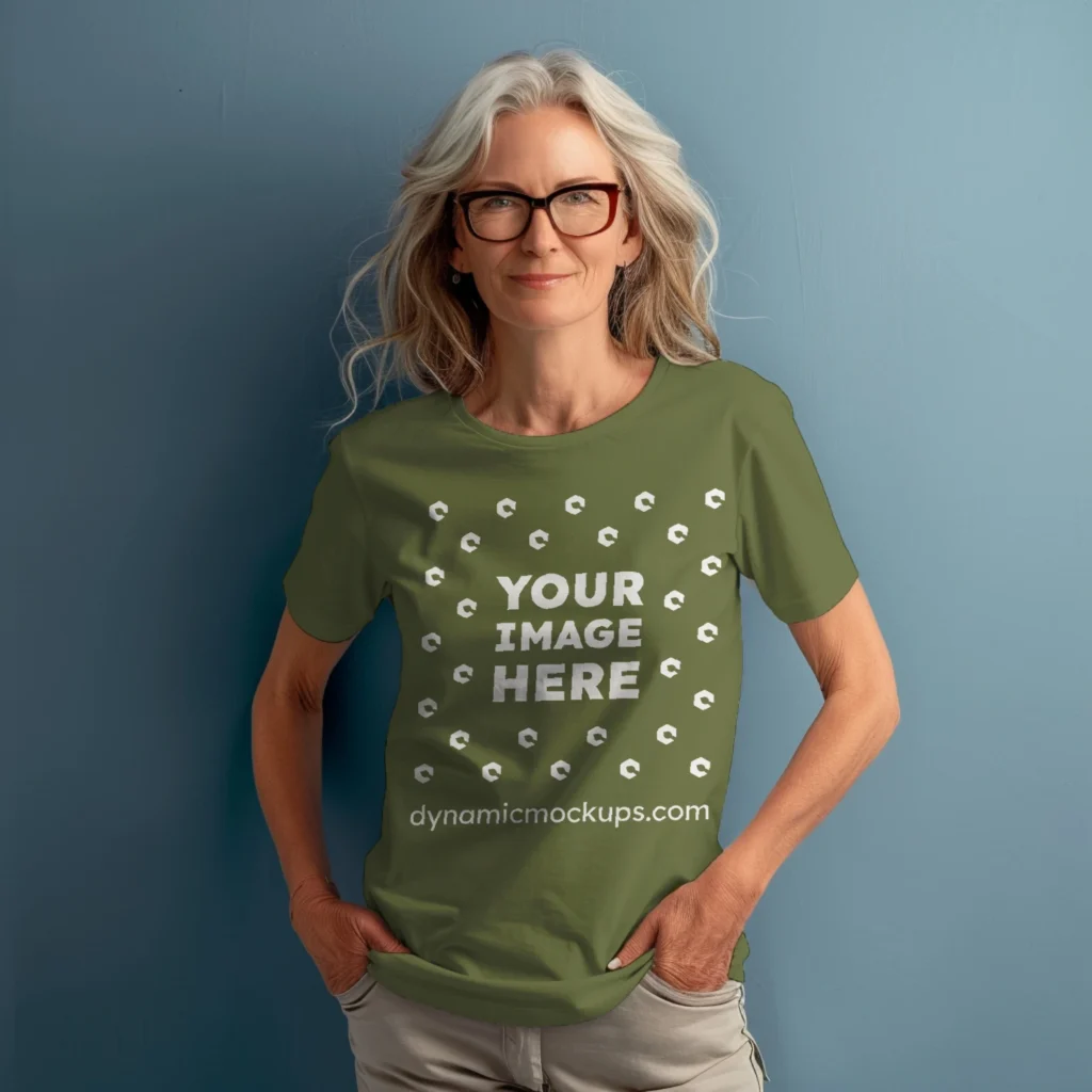 Woman Wearing Olive Green T-shirt Mockup Front View Template