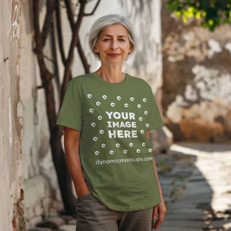 Woman Wearing Olive Green T-shirt Mockup Front View Template