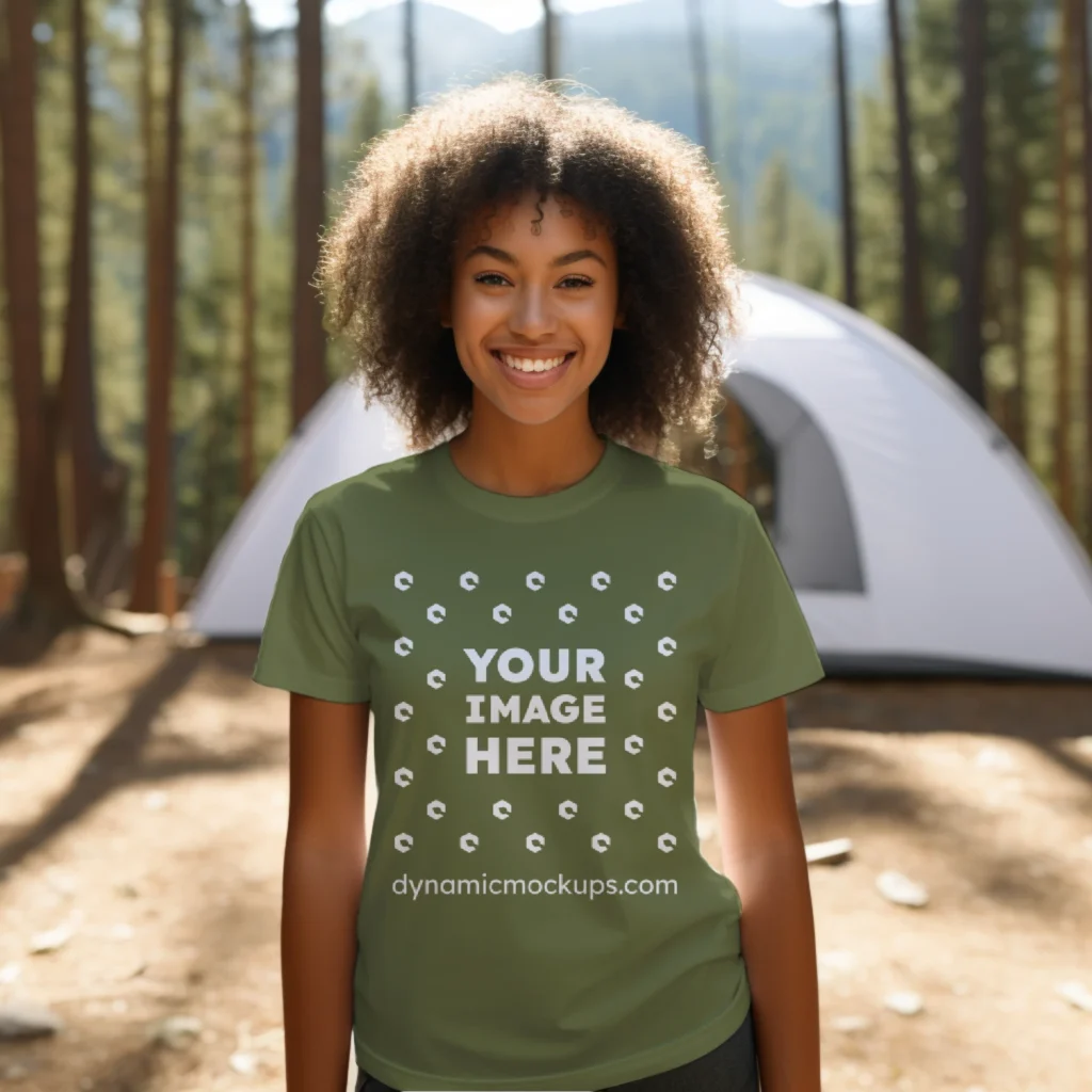 Woman Wearing Olive Green T-shirt Mockup Front View Template