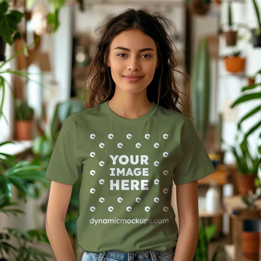 Woman Wearing Olive Green T-shirt Mockup Front View Template