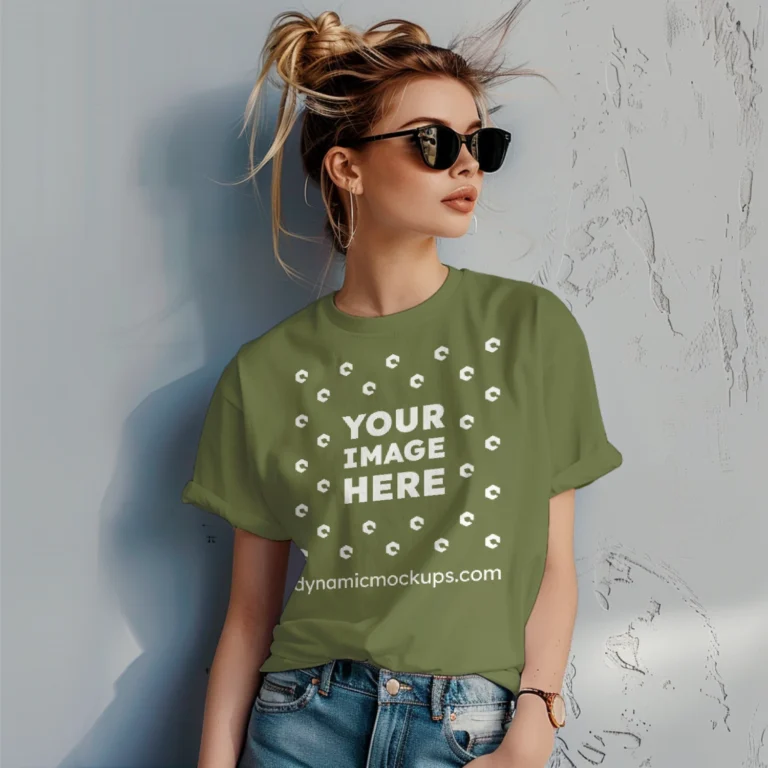 Woman Wearing Olive Green T-shirt Mockup Front View Template