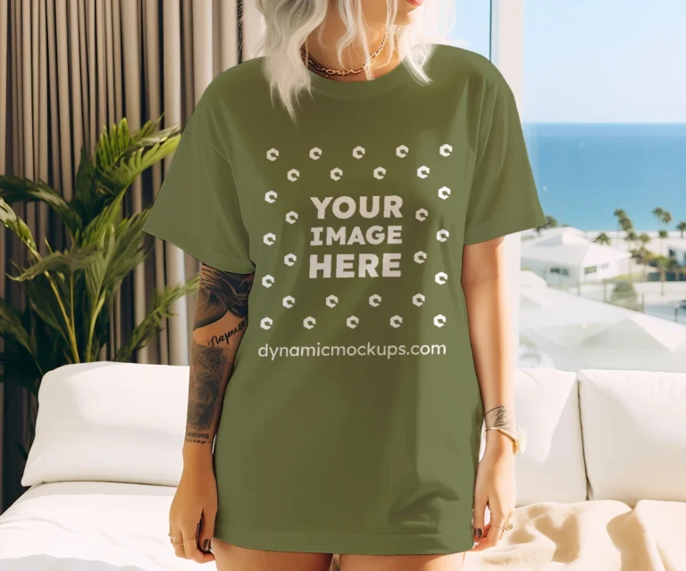 Woman Wearing Olive Green T-shirt Mockup Front View Template