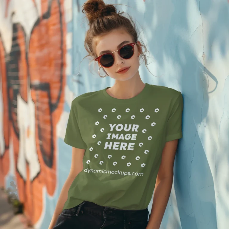 Woman Wearing Olive Green T-shirt Mockup Front View Template