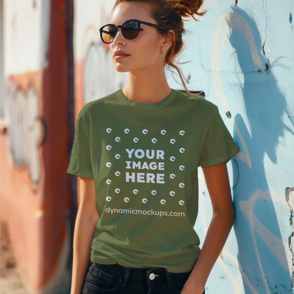 Woman Wearing Olive Green T-shirt Mockup Front View Template