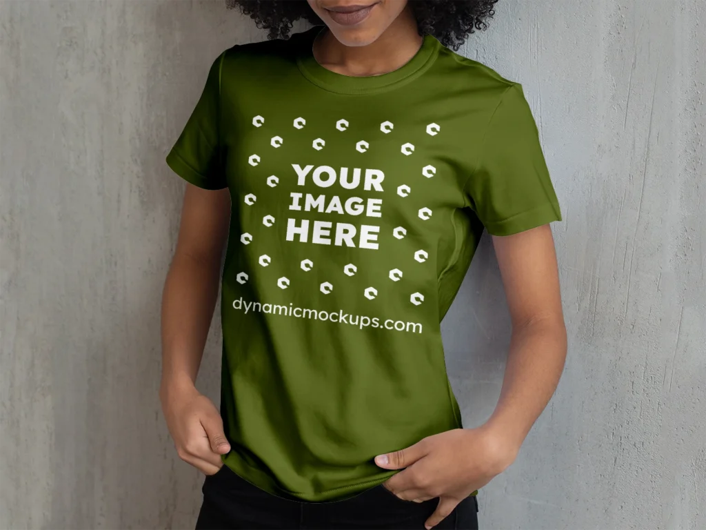 Woman Wearing Olive Green T-shirt Mockup Front View Template