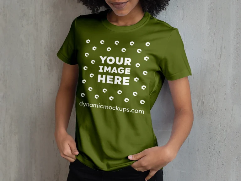 Woman Wearing Olive Green T-shirt Mockup Front View Template