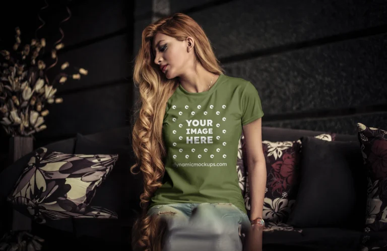 Woman Wearing Olive Green T-shirt Mockup Front View Template