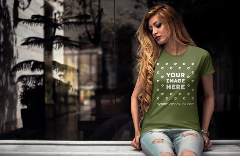 Woman Wearing Olive Green T-shirt Mockup Front View Template