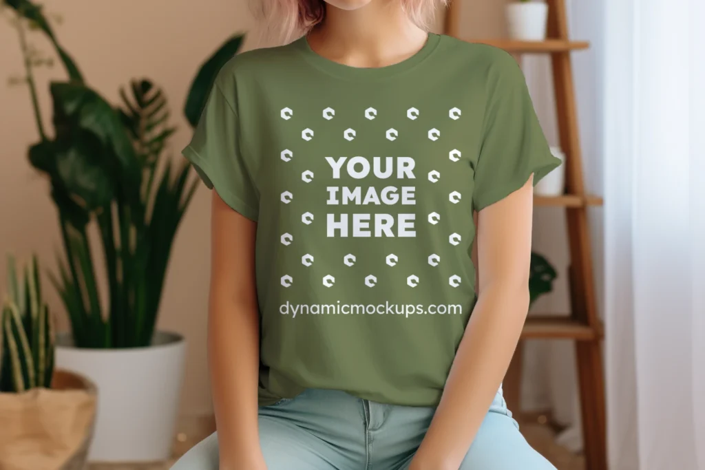 Woman Wearing Olive Green T-shirt Mockup Front View Template