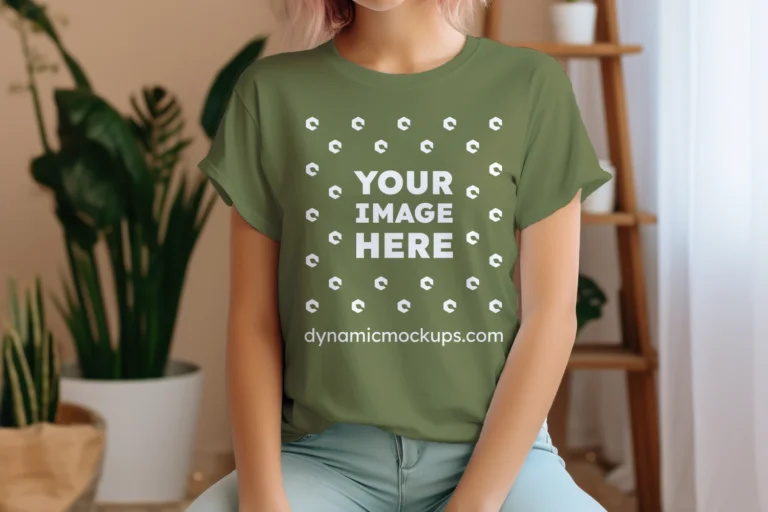 Woman Wearing Olive Green T-shirt Mockup Front View Template