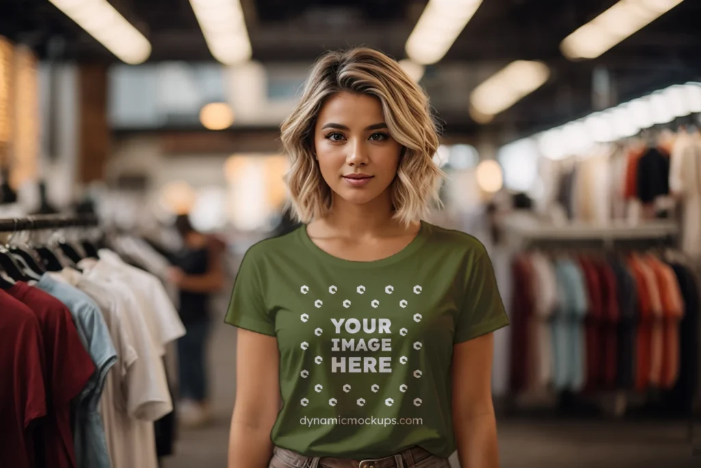 Woman Wearing Olive Green T-shirt Mockup Front View Template