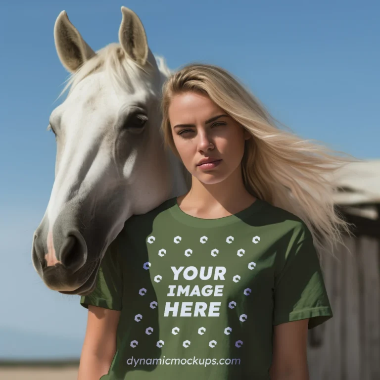 Woman Wearing Olive Green T-shirt Mockup Front View Template