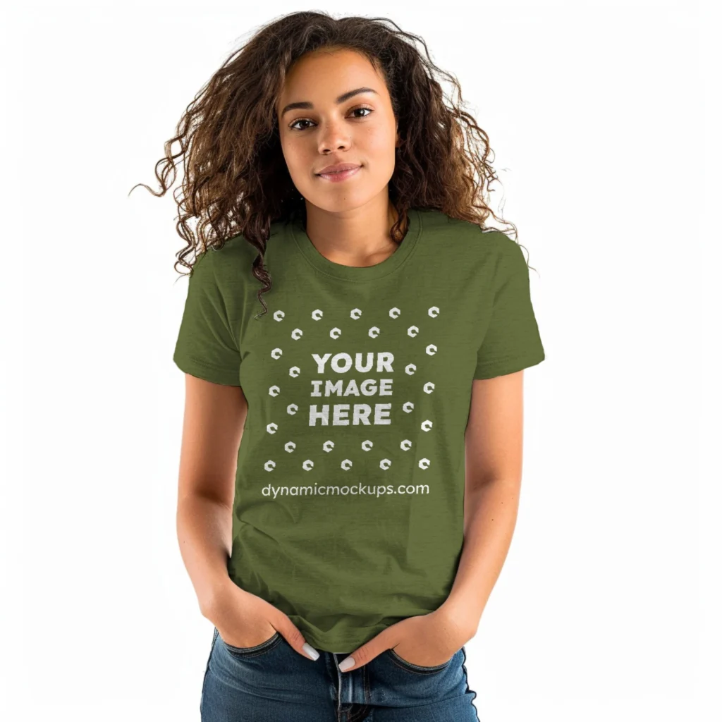 Woman Wearing Olive Green T-shirt Mockup Front View Template