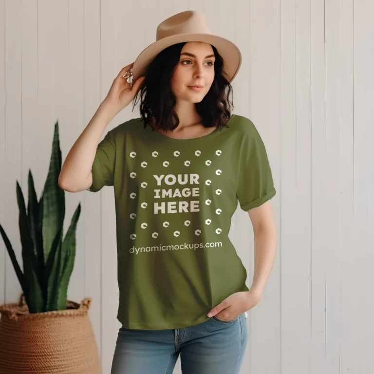 Woman Wearing Olive Green T-shirt Mockup Front View Template