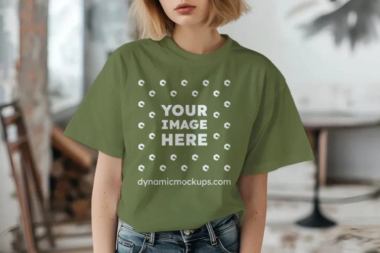 Woman Wearing Olive Green T-shirt Mockup Front View Template