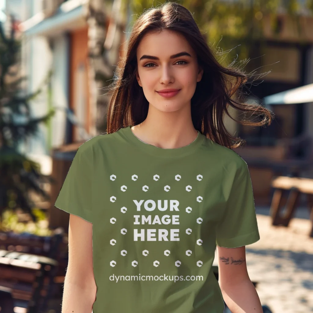 Woman Wearing Olive Green T-shirt Mockup Front View Template