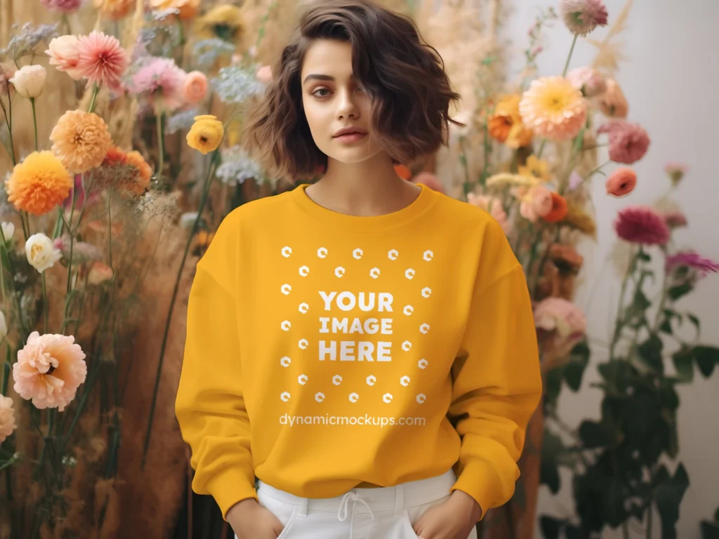 Woman Wearing Orange Sweatshirt Mockup Front View Template