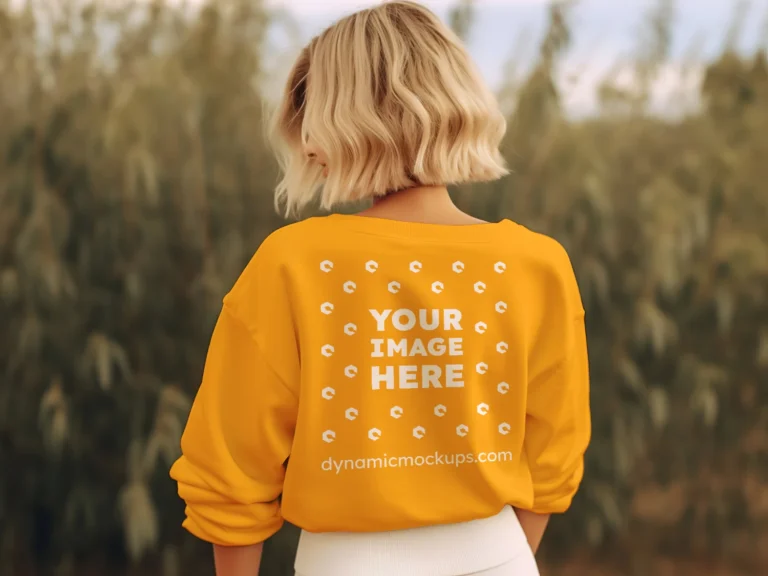 Woman Wearing Orange Sweatshirt Mockup Back View Template